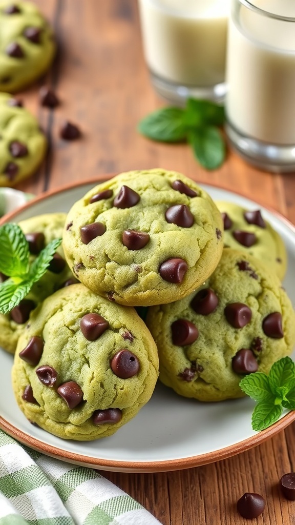 A plate of soft Mint Chocolate Chip Cookies with chocolate chips and fresh mint, accompanied by a glass of milk.